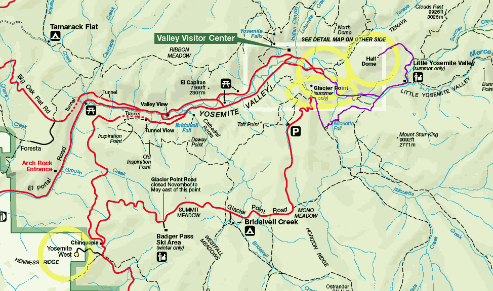 Map showing roads from Yosemite West, to Yosemite Valley, Glacier Point, and