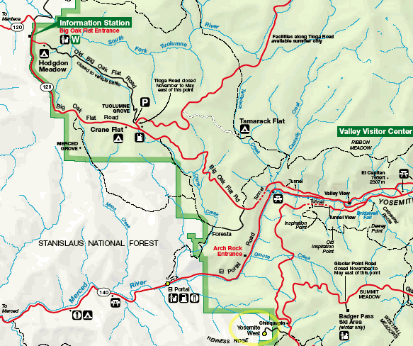 Location of Yosemite West is circled in yellow for identification. Map shows 